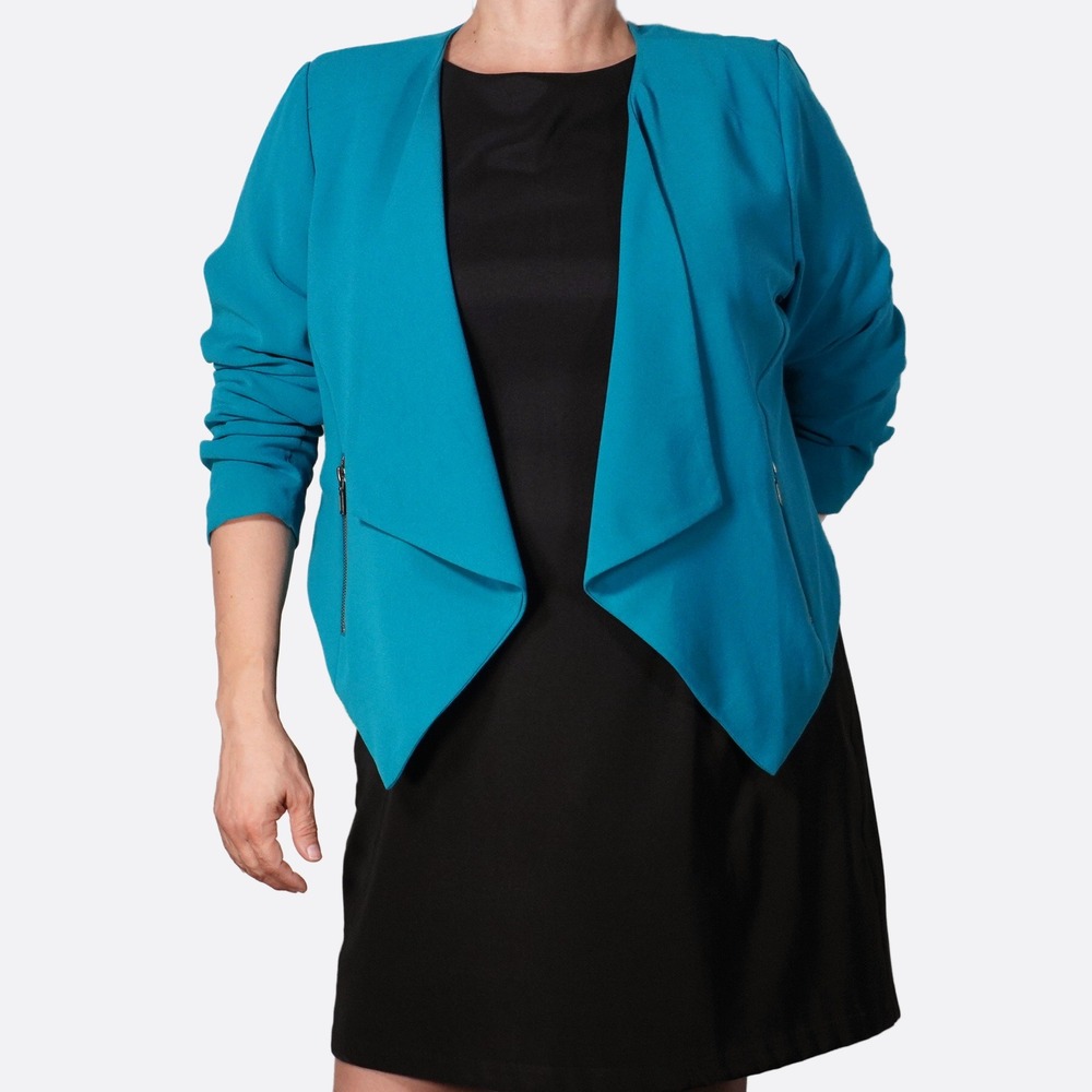 Torrid Teal Waterfall Blazer Draped Open Front Cropped Zip 1 fits XL/1X Work